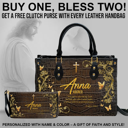 Personalized Christian Leather Handbag with Free Clutch – Custom Name & Bible Verse Meaning – Luxury Faith Gift for Women