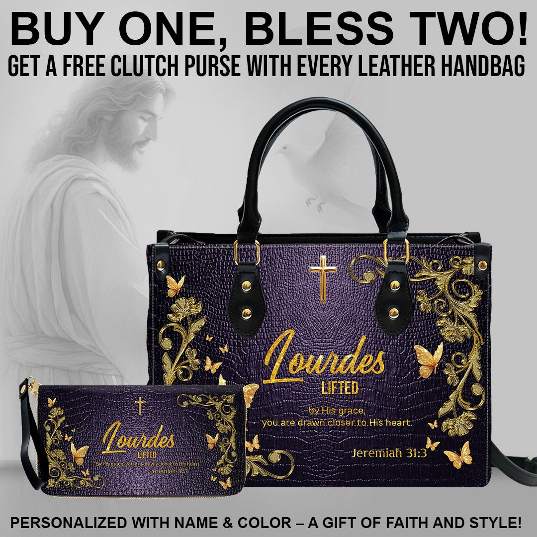Personalized Christian Leather Handbag with Free Clutch – Custom Name & Bible Verse Meaning – Luxury Faith Gift for Women