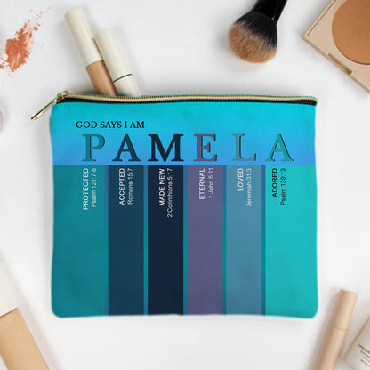 Personalized Christian Makeup Bag – Custom Name Bible Verse Cosmetic Pouch | God Says I Am Gift for Women