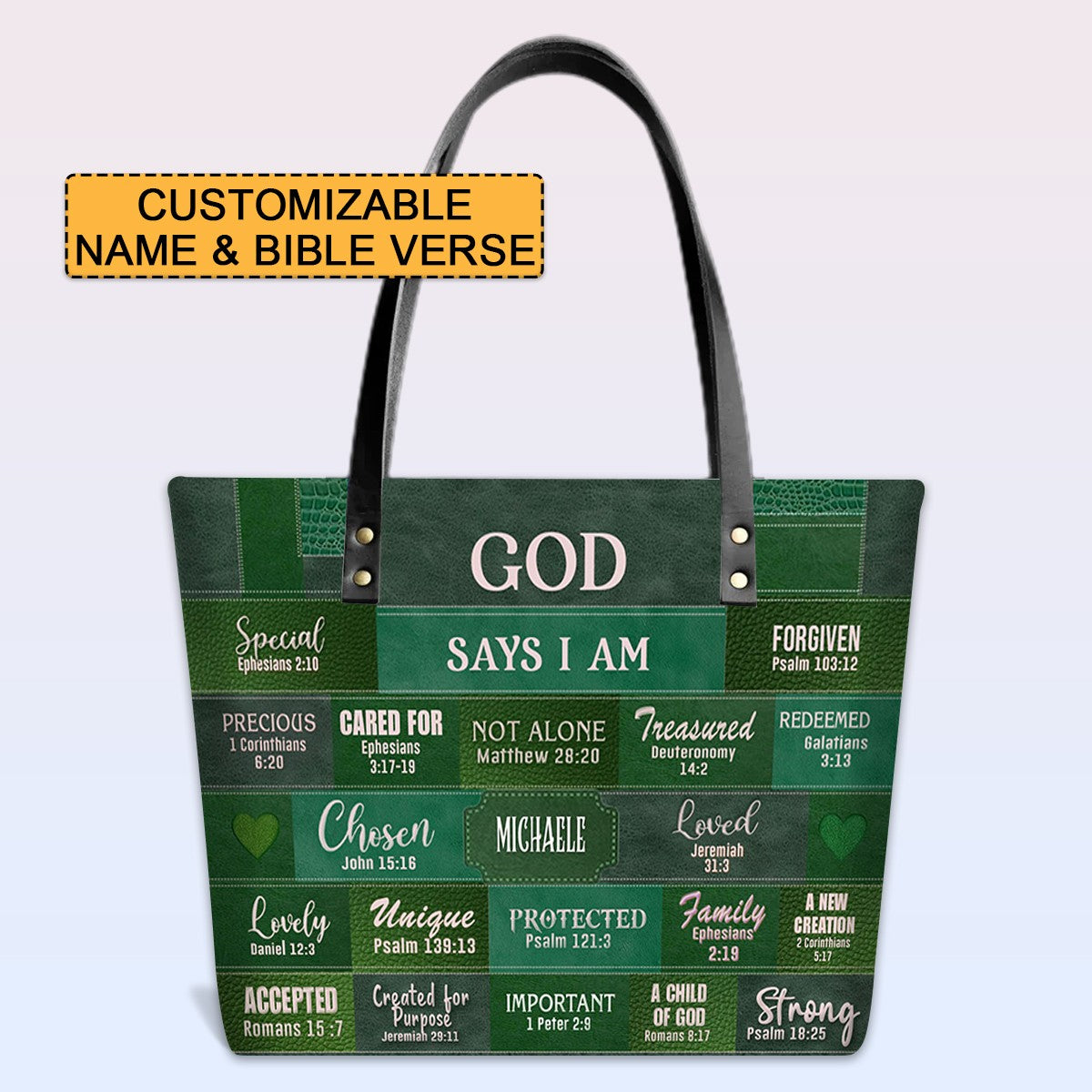 GOD Says I Am - Personalized Christian Leather Tote – God Says I Am Bible Verse Handbag – Free Clutch Purse Gift | CHRISTIANARTBAG