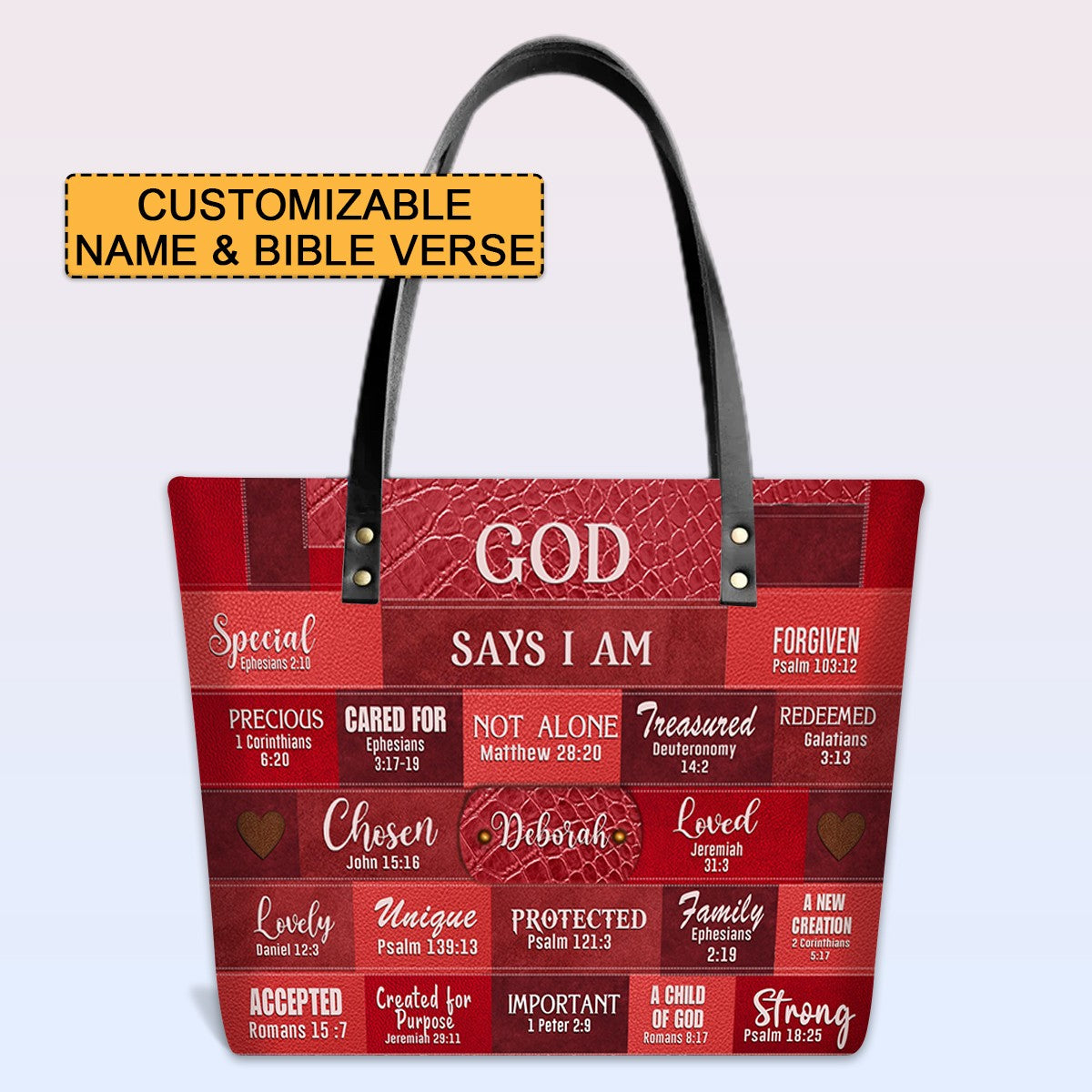 Personalized Leather Tote Bag with Bible Verses – GOD Says I Am – Custom Faith-Inspired Handbag | CHRISTIANARTBAG Leather TOTE Bag