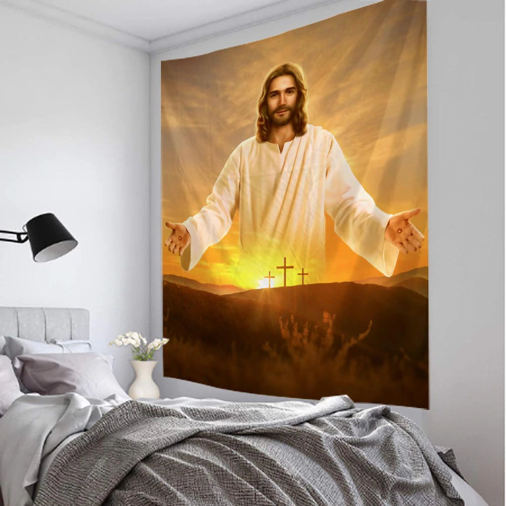 Christianartbag Home Decor, Jesus retro art illustration tapestry home wall decoration hippie bohemian decoration yoga mat sheets aesthetic room decoration - Christian Art Bag