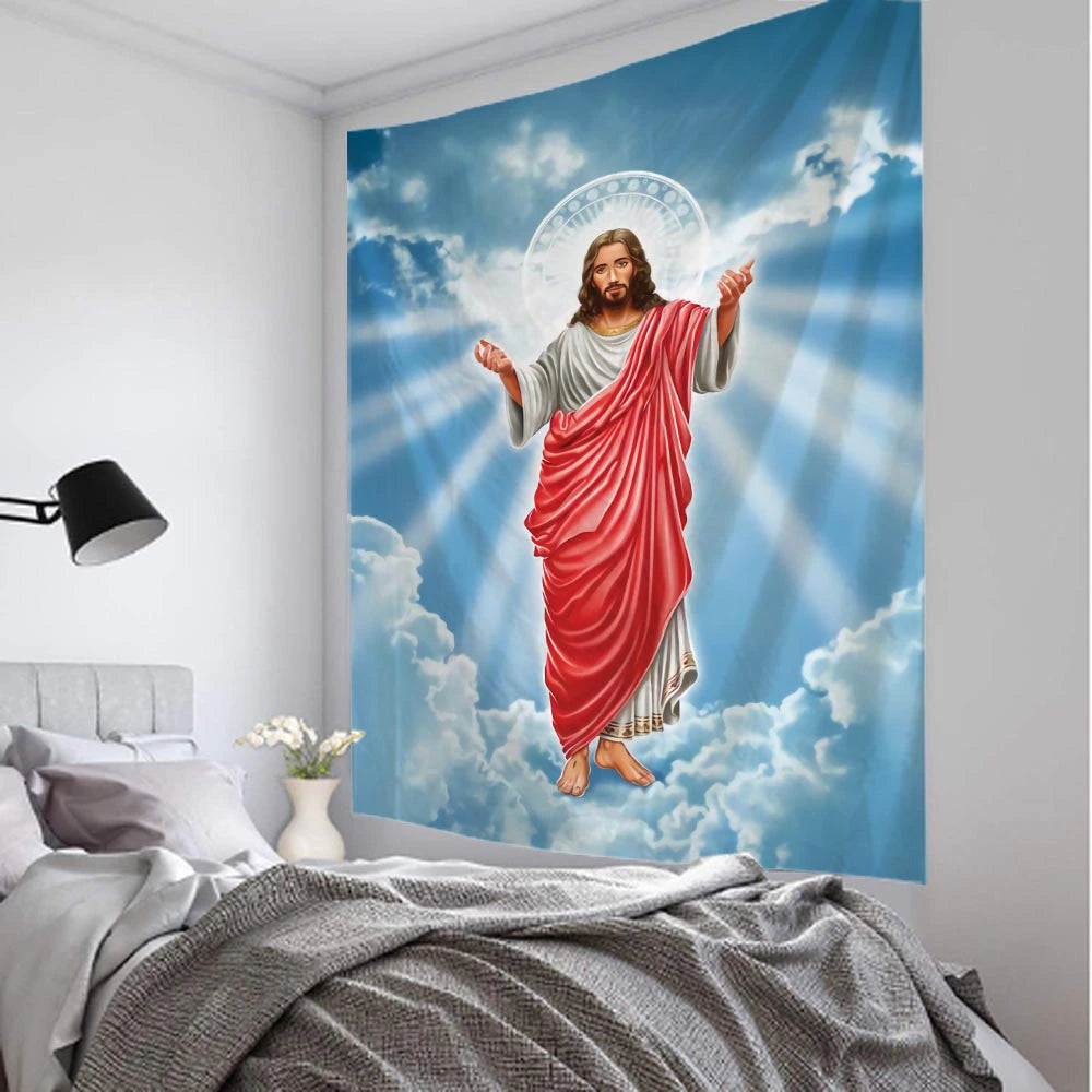 Christianartbag Home Decor, Jesus retro art illustration tapestry home wall decoration hippie bohemian decoration yoga mat sheets aesthetic room decoration - Christian Art Bag