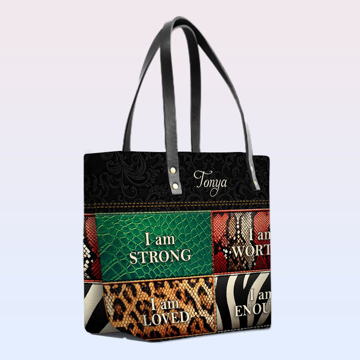 Personalized Leather Tote Bag with Bible Verses – I am STRONG | I am WORTHY | I am LOVED | I am ENOUGH | CHRISTIANARTBAG Leather TOTE Bag
