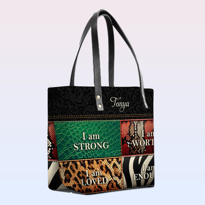 Personalized Leather Tote Bag with Bible Verses – I am STRONG | I am WORTHY | I am LOVED | I am ENOUGH | CHRISTIANARTBAG Leather TOTE Bag