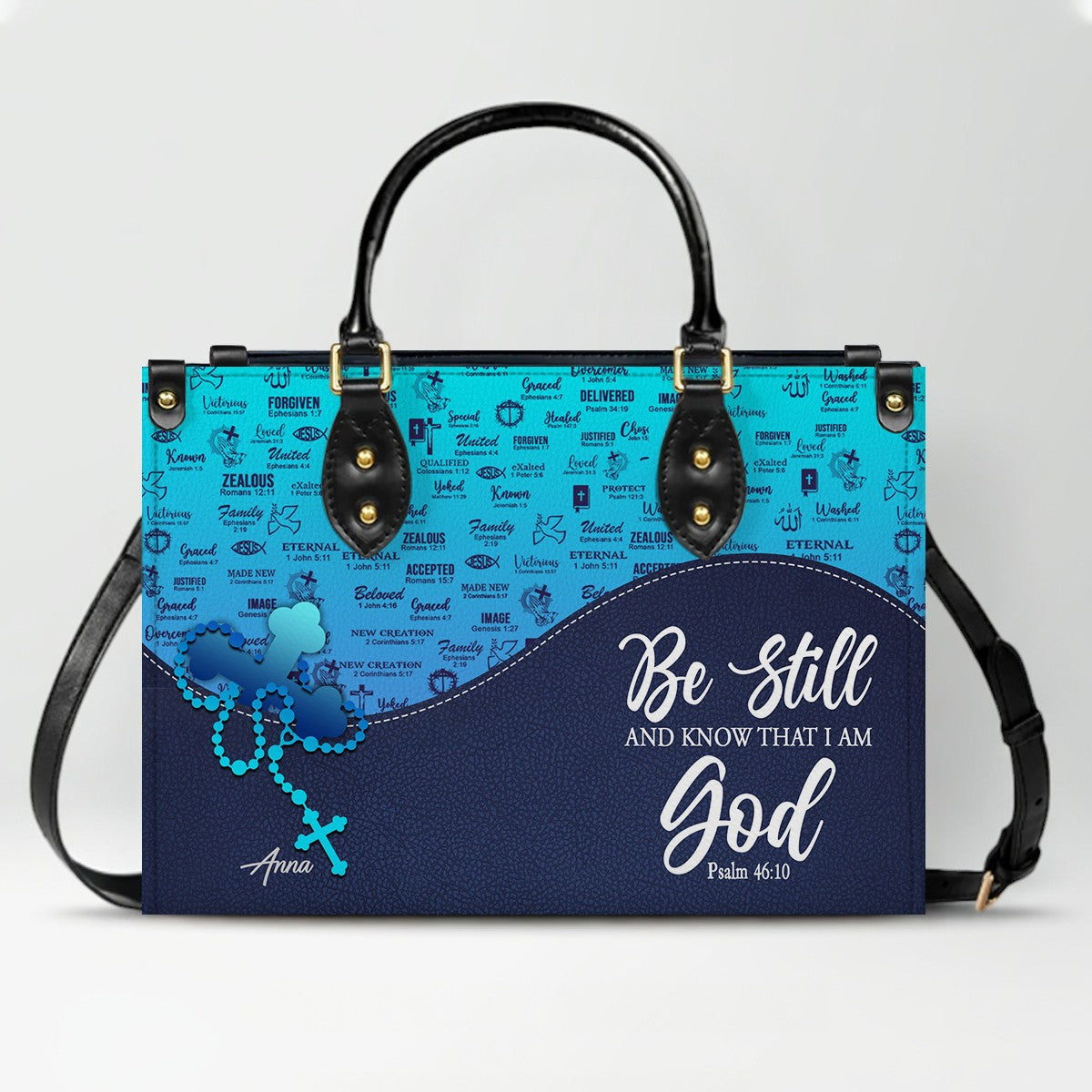 Sapphire Blue Personalized Leather Handbag – Christian Handbag with Bible Verses | Elegant Faith-Inspired Handbag