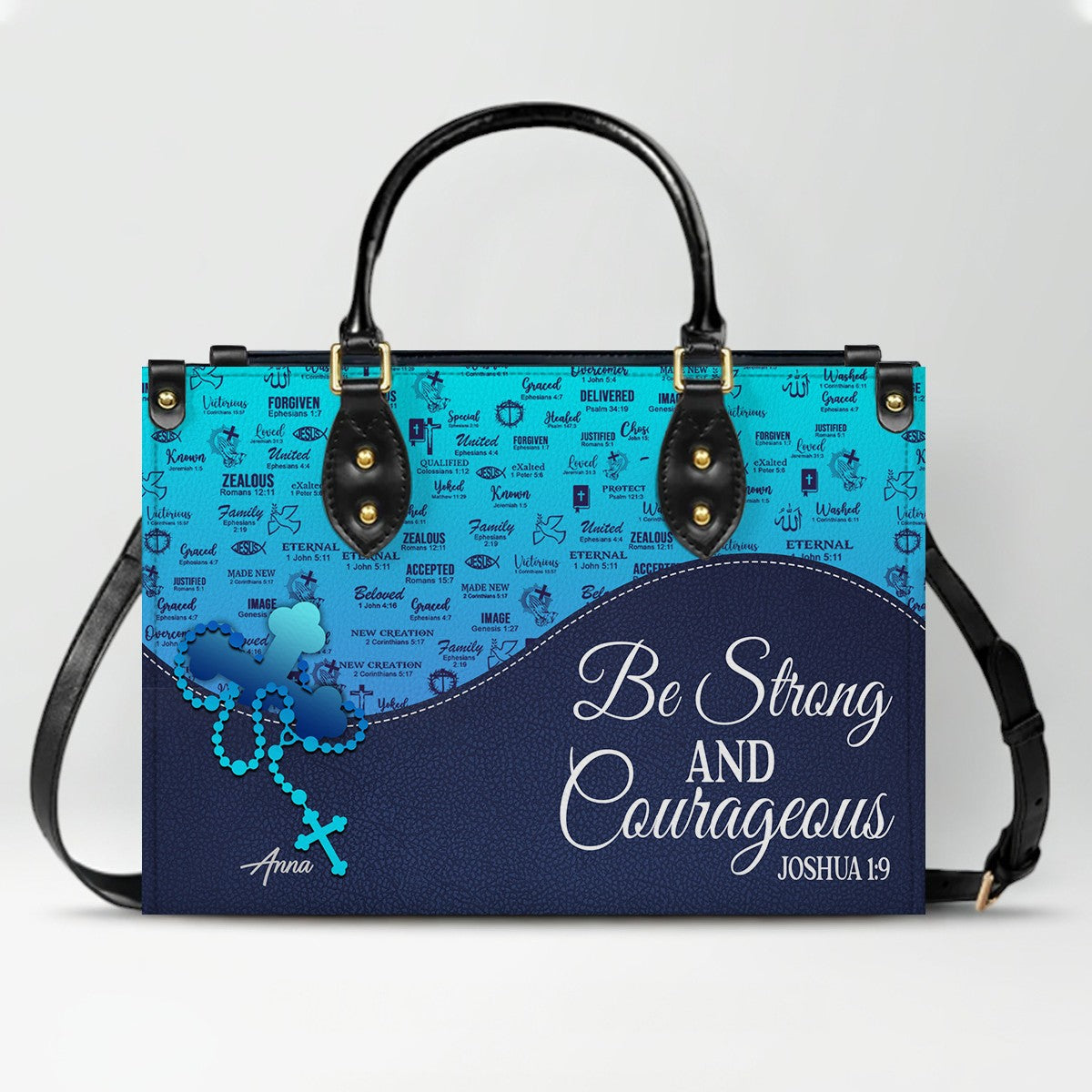 Sapphire Blue Personalized Leather Handbag – Christian Handbag with Bible Verses | Elegant Faith-Inspired Handbag