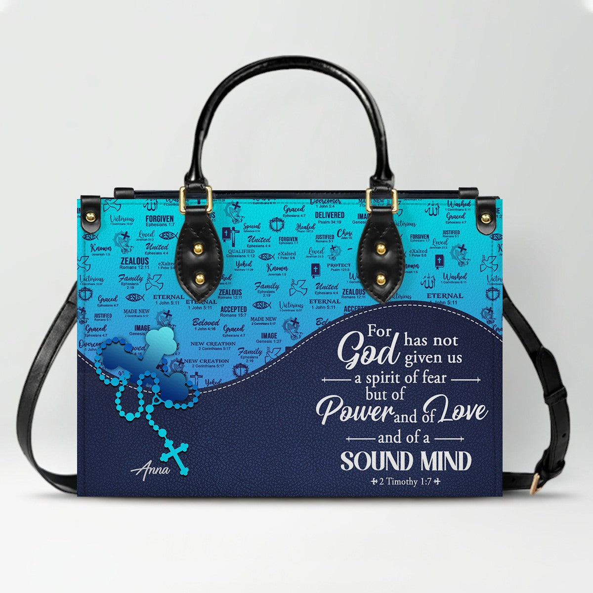 Sapphire Blue Personalized Leather Handbag – Christian Handbag with Bible Verses | Elegant Faith-Inspired Handbag
