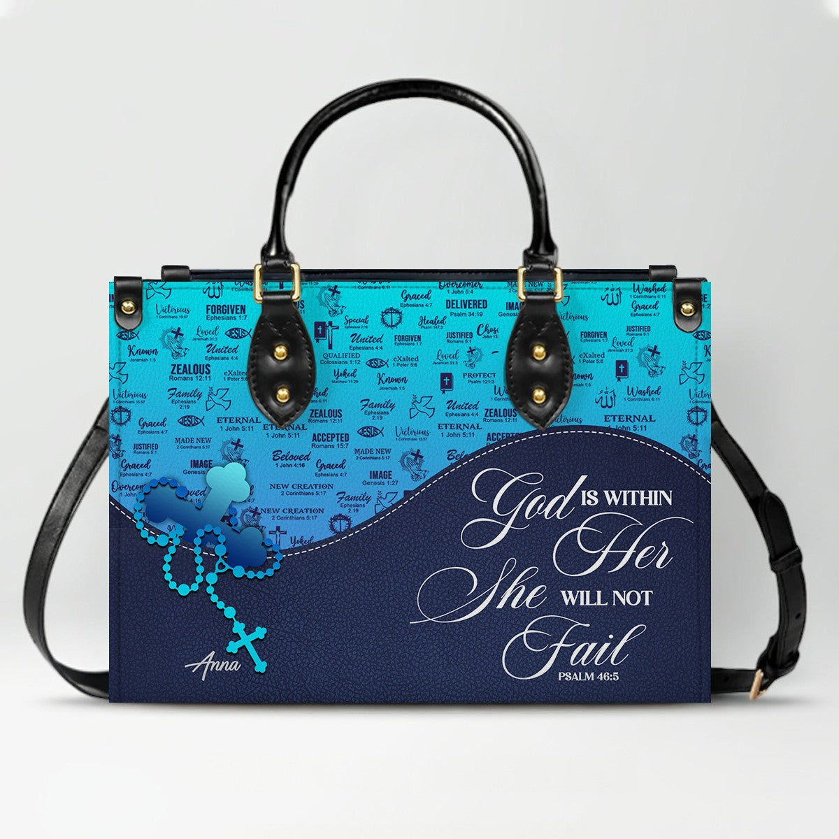 Sapphire Blue Personalized Leather Handbag – Christian Handbag with Bible Verses | Elegant Faith-Inspired Handbag