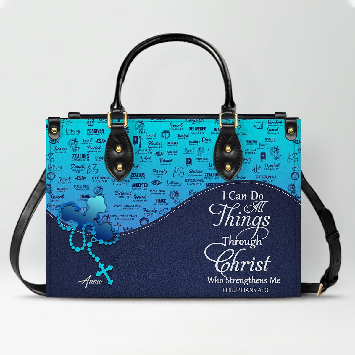 Sapphire Blue Personalized Leather Handbag – Christian Handbag with Bible Verses | Elegant Faith-Inspired Handbag