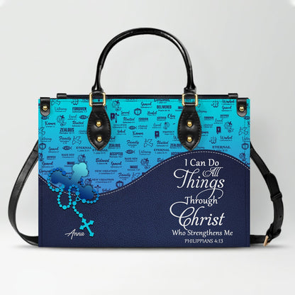 Sapphire Blue Personalized Leather Handbag – Christian Handbag with Bible Verses | Elegant Faith-Inspired Handbag