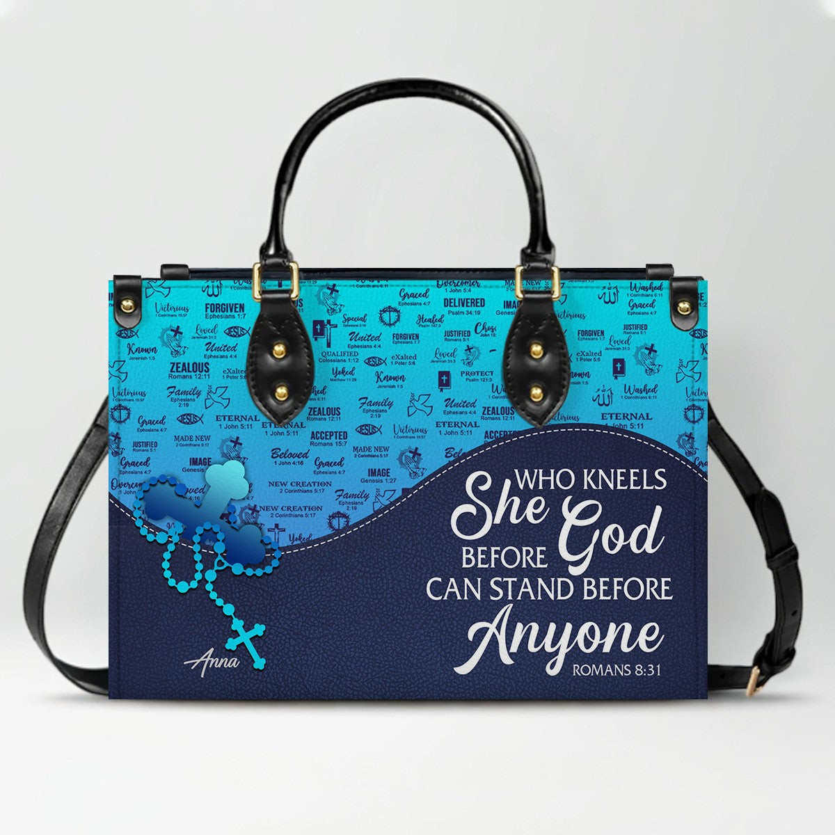 Sapphire Blue Personalized Leather Handbag – Christian Handbag with Bible Verses | Elegant Faith-Inspired Handbag