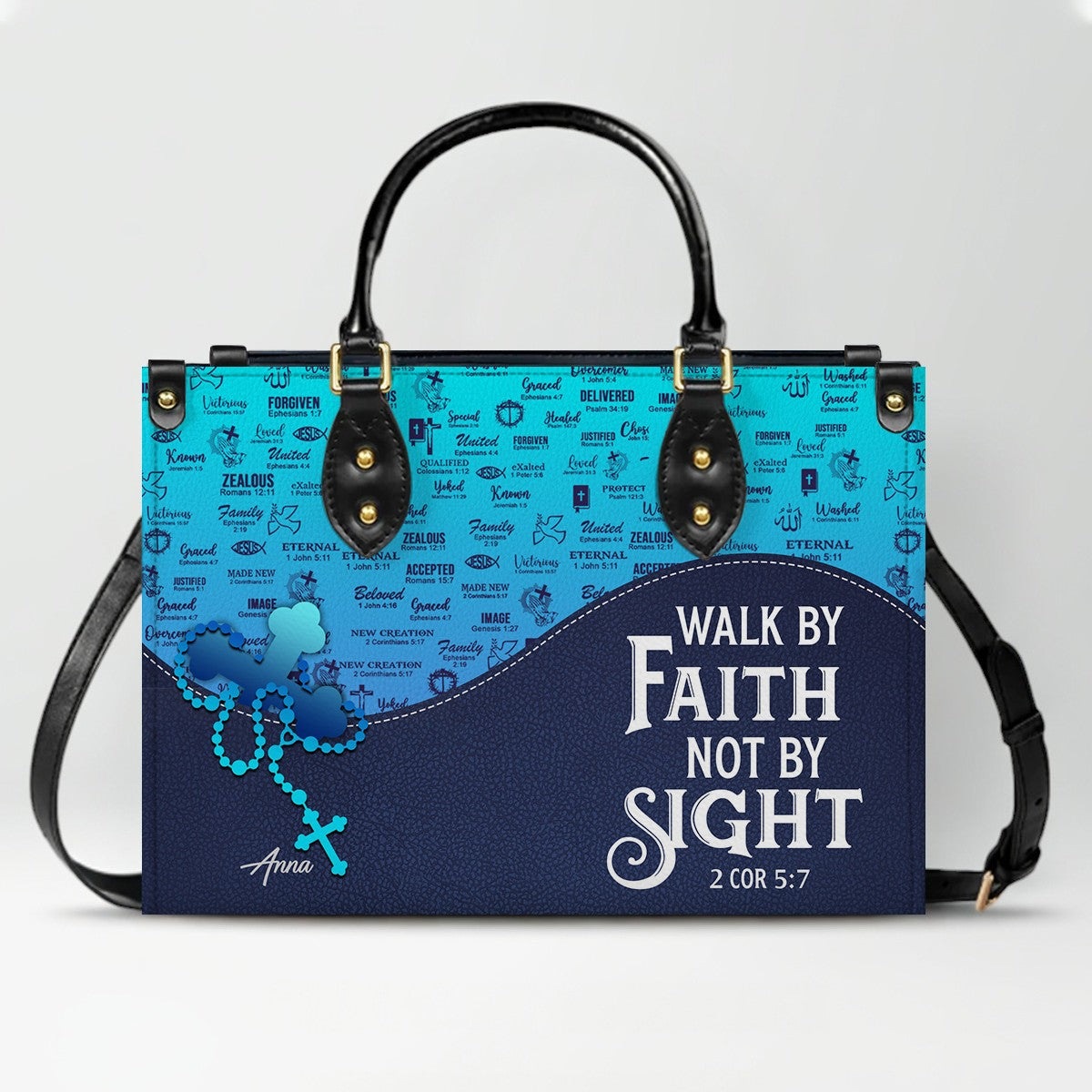 Sapphire Blue Personalized Leather Handbag – Christian Handbag with Bible Verses | Elegant Faith-Inspired Handbag