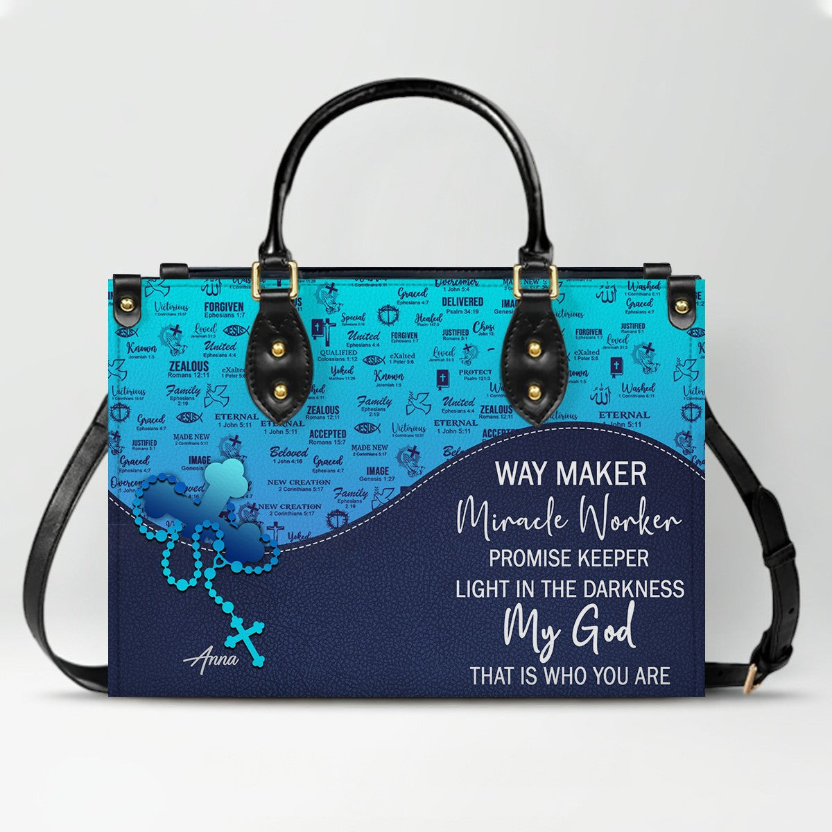 Sapphire Blue Personalized Leather Handbag – Christian Handbag with Bible Verses | Elegant Faith-Inspired Handbag