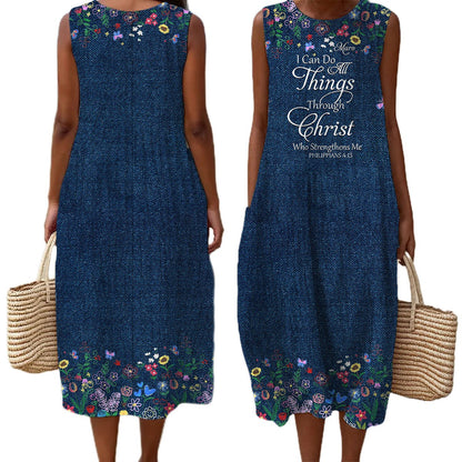 Christian Faith Dress for Women – “God Says I Am” Denim Print Maxi Dress with Bible Verses | Inspirational Religious Summer Dress