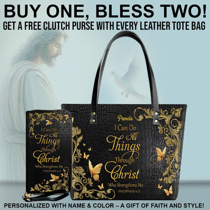 She Who Kneels Before GOD - Custom Bible Verses Name & Color - Personalized Christian Leather Tote – Free Clutch Purse Gift | CHRISTIANARTBAG