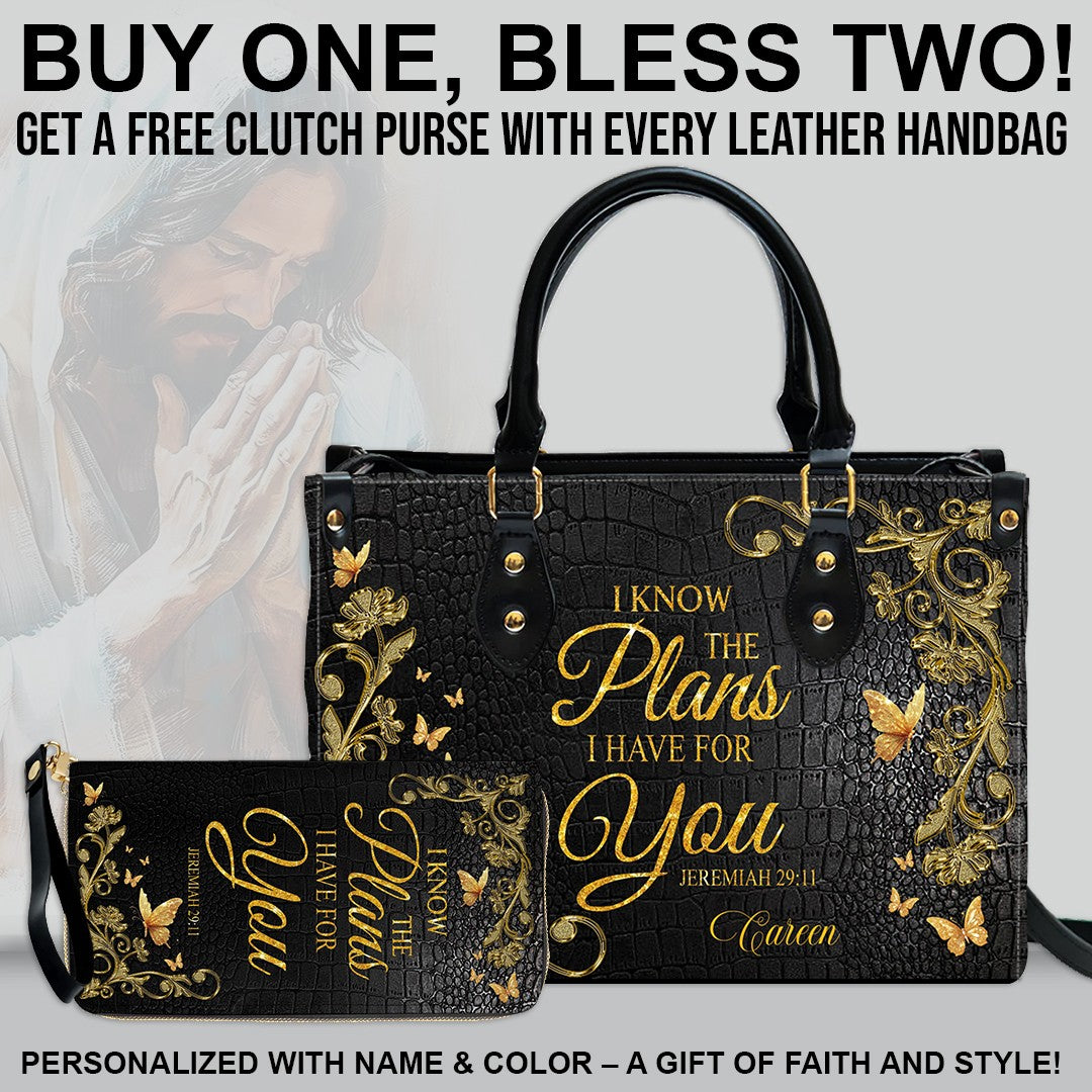 CHRISTIANARTBAG Bible Cover - I Know The Plans I Have For You - Free Clutch Purse with Personalized Leather Handbag - CAB060625