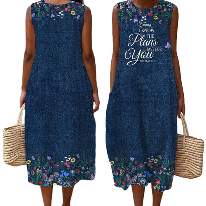 Christian Faith Dress for Women – “God Says I Am” Denim Print Maxi Dress with Bible Verses | Inspirational Religious Summer Dress