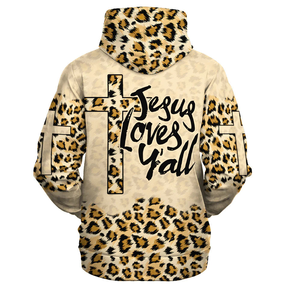 Christianartbag Clothing, Jesus Loves Y'all Cross Leopard, Christian 3D T-Shirt, Christian 3D Hoodie, Christian 3D Sweater, Personalized Hoodies. - Christian Art Bag