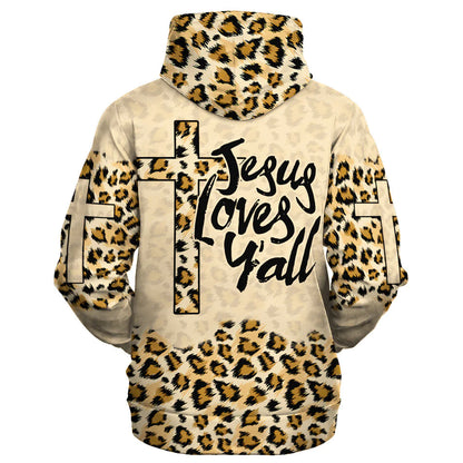 Christianartbag Clothing, Jesus Loves Y'all Cross Leopard, Christian 3D T-Shirt, Christian 3D Hoodie, Christian 3D Sweater, Personalized Hoodies. - Christian Art Bag