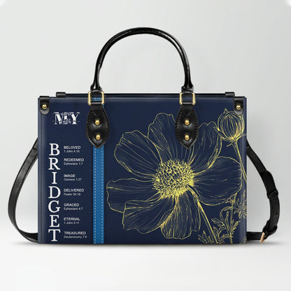 Personalized Leather Handbag with Name Meaning & Bible Verses – Birth Month Flower Design | Christian Gift for Women by CHRISTIANARTBAG