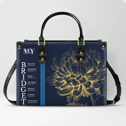 Personalized Leather Handbag with Name Meaning & Bible Verses – Birth Month Flower Design | Christian Gift for Women by CHRISTIANARTBAG