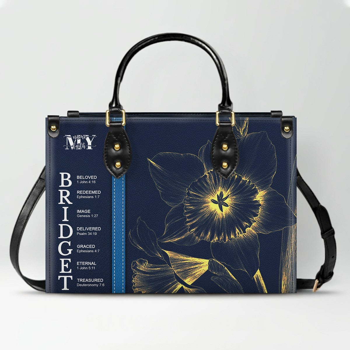 Personalized Leather Handbag with Name Meaning & Bible Verses – Birth Month Flower Design | Christian Gift for Women by CHRISTIANARTBAG