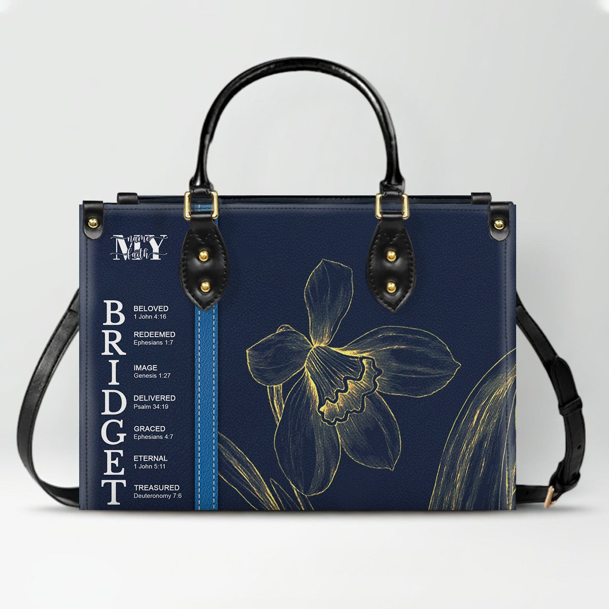 Personalized Leather Handbag with Name Meaning & Bible Verses – Birth Month Flower Design | Christian Gift for Women by CHRISTIANARTBAG