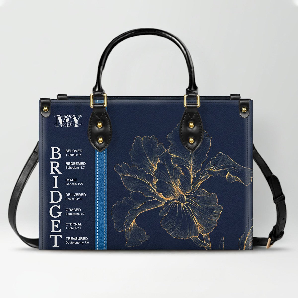 Personalized Leather Handbag with Name Meaning & Bible Verses – Birth Month Flower Design | Christian Gift for Women by CHRISTIANARTBAG