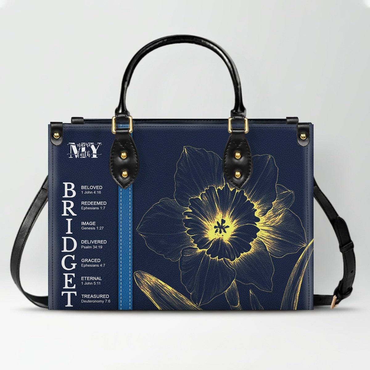Personalized Leather Handbag with Name Meaning & Bible Verses – Birth Month Flower Design | Christian Gift for Women by CHRISTIANARTBAG