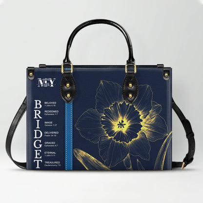 Personalized Leather Handbag with Name Meaning & Bible Verses – Birth Month Flower Design | Christian Gift for Women by CHRISTIANARTBAG