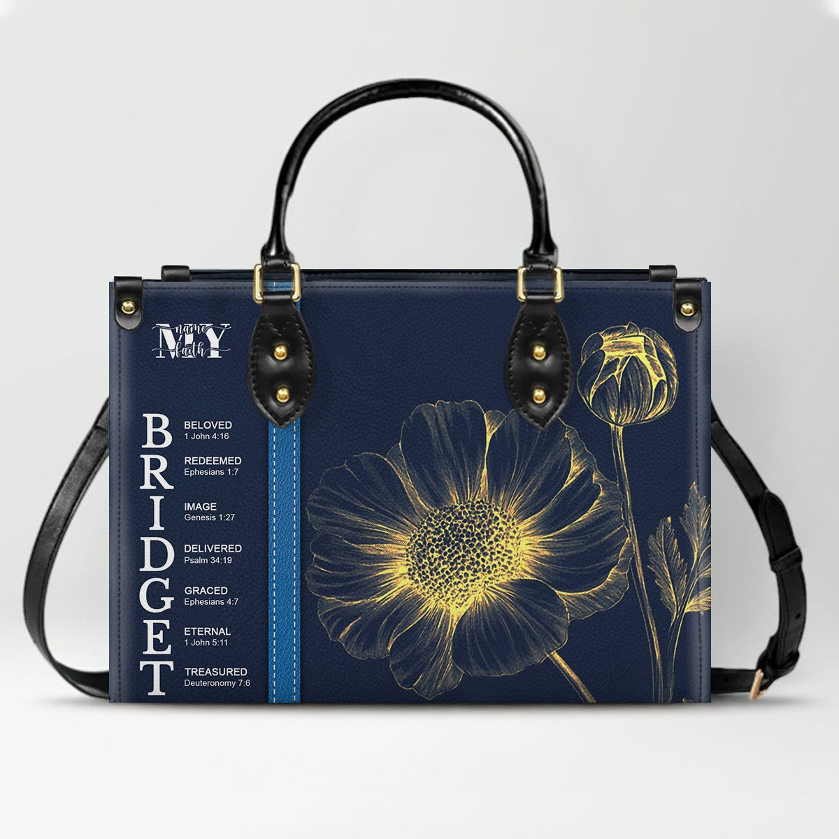 Personalized Leather Handbag with Name Meaning & Bible Verses – Birth Month Flower Design | Christian Gift for Women by CHRISTIANARTBAG