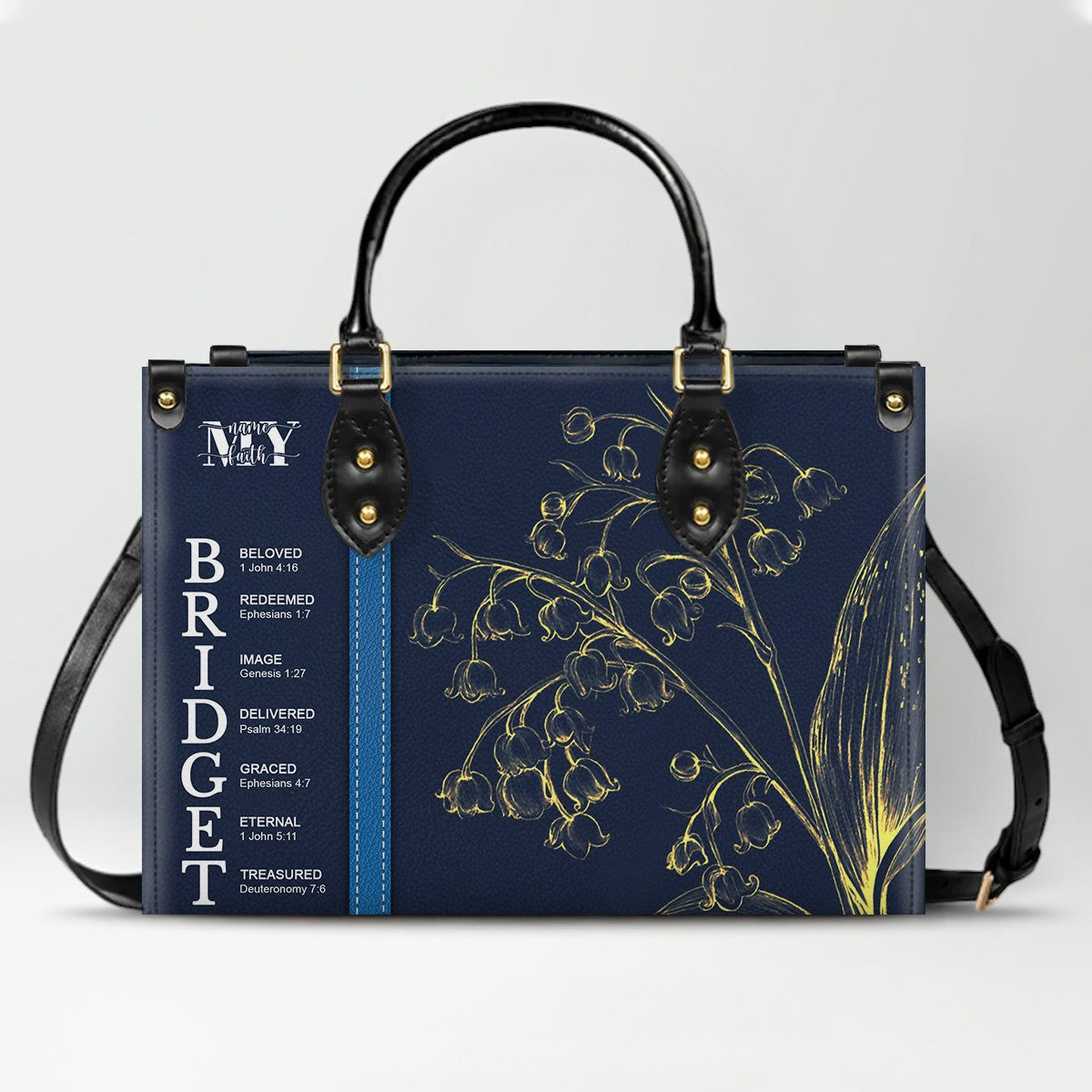 Personalized Leather Handbag with Name Meaning & Bible Verses – Birth Month Flower Design | Christian Gift for Women by CHRISTIANARTBAG