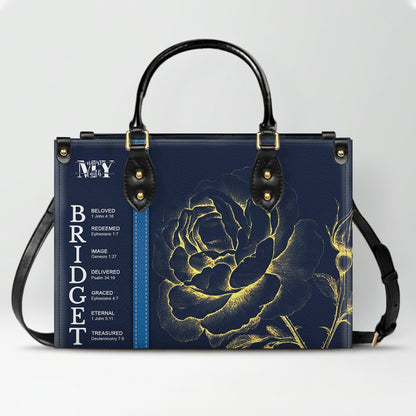 Personalized Leather Handbag with Name Meaning & Bible Verses – Birth Month Flower Design | Christian Gift for Women by CHRISTIANARTBAG