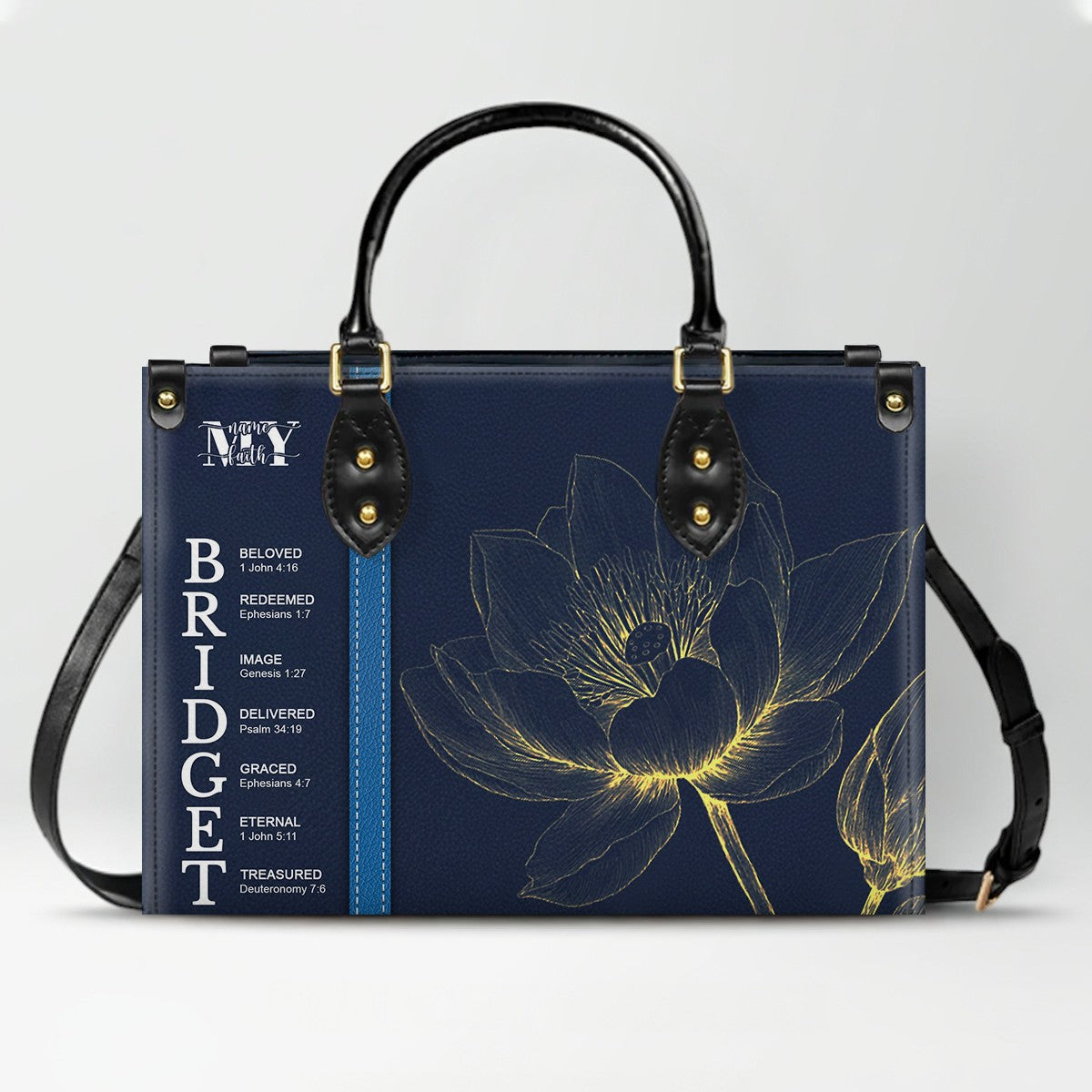 Personalized Leather Handbag with Name Meaning & Bible Verses – Birth Month Flower Design | Christian Gift for Women by CHRISTIANARTBAG