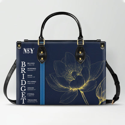 Personalized Leather Handbag with Name Meaning & Bible Verses – Birth Month Flower Design | Christian Gift for Women by CHRISTIANARTBAG