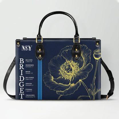 Personalized Leather Handbag with Name Meaning & Bible Verses – Birth Month Flower Design | Christian Gift for Women by CHRISTIANARTBAG
