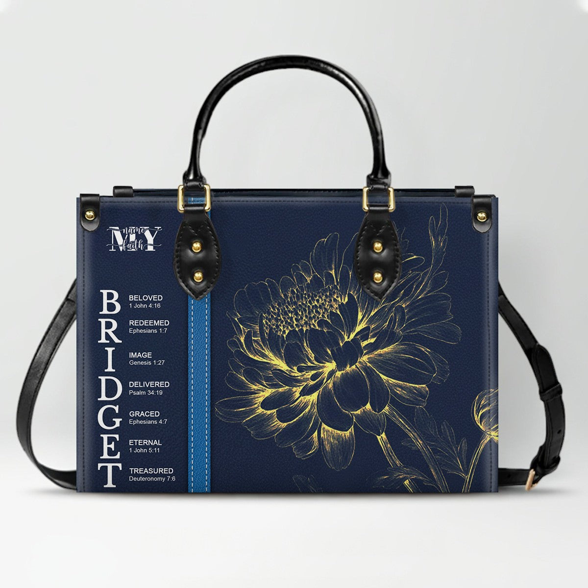 Personalized Leather Handbag with Name Meaning & Bible Verses – Birth Month Flower Design | Christian Gift for Women by CHRISTIANARTBAG