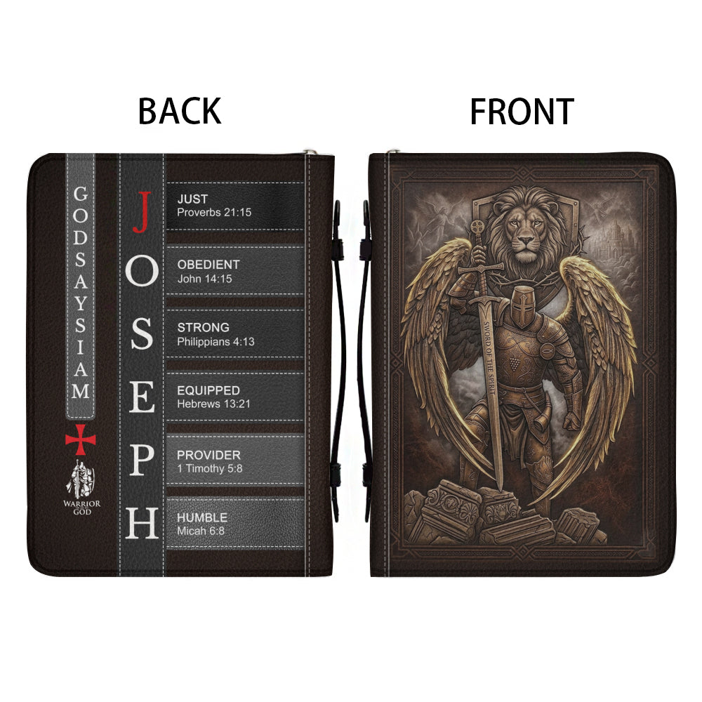 Personalized Leather Bible Cover for Men - Custom Name & Acrostic Bible Verses - Warrior of God Lion & Knight Design - Christian Gift for Him CAB4426