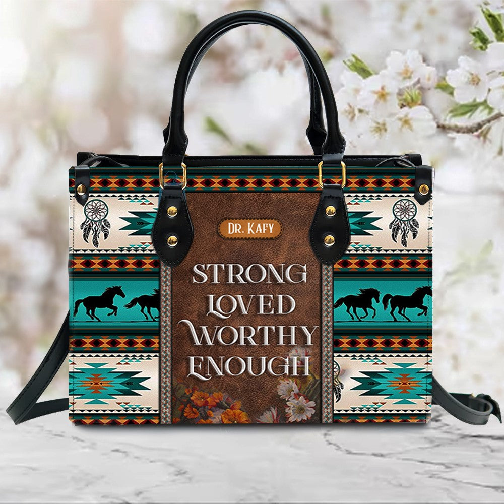 Christianartbag Handbags, I Am Strong Loved Worthy Enough Leather Handbag, Southwest Native American embroidery Handbag, Gifts for Women, CABLTB01101023. - Christian Art Bag