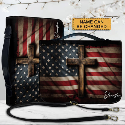 Patriotic American Flag & Cross Bible Cover – Custom Name Option | CHRISTIANARTBAG