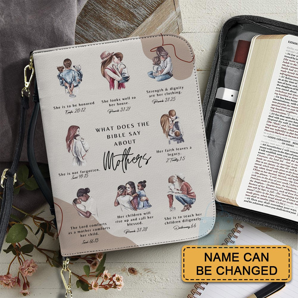 CHRISTIANARTBAG Bible Cover – "What Does The Bible Say About Mothers" Scripture Guide Design with Customizable Name | Spiritual Comfort and Guidance for Life's Challenges - CAB01011024