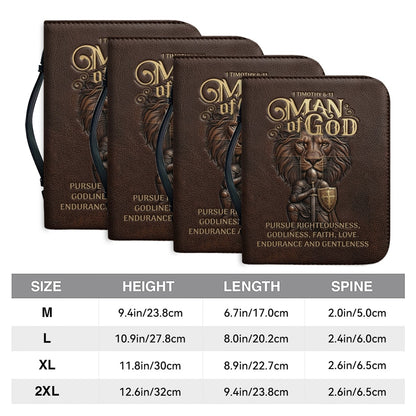 Personalized Bible Cover For Men - Man Of God 1 Timothy 6:11 Lion Warrior Custom Leather Bible Carrying Case With Handle | CHRISTIANARTBAG