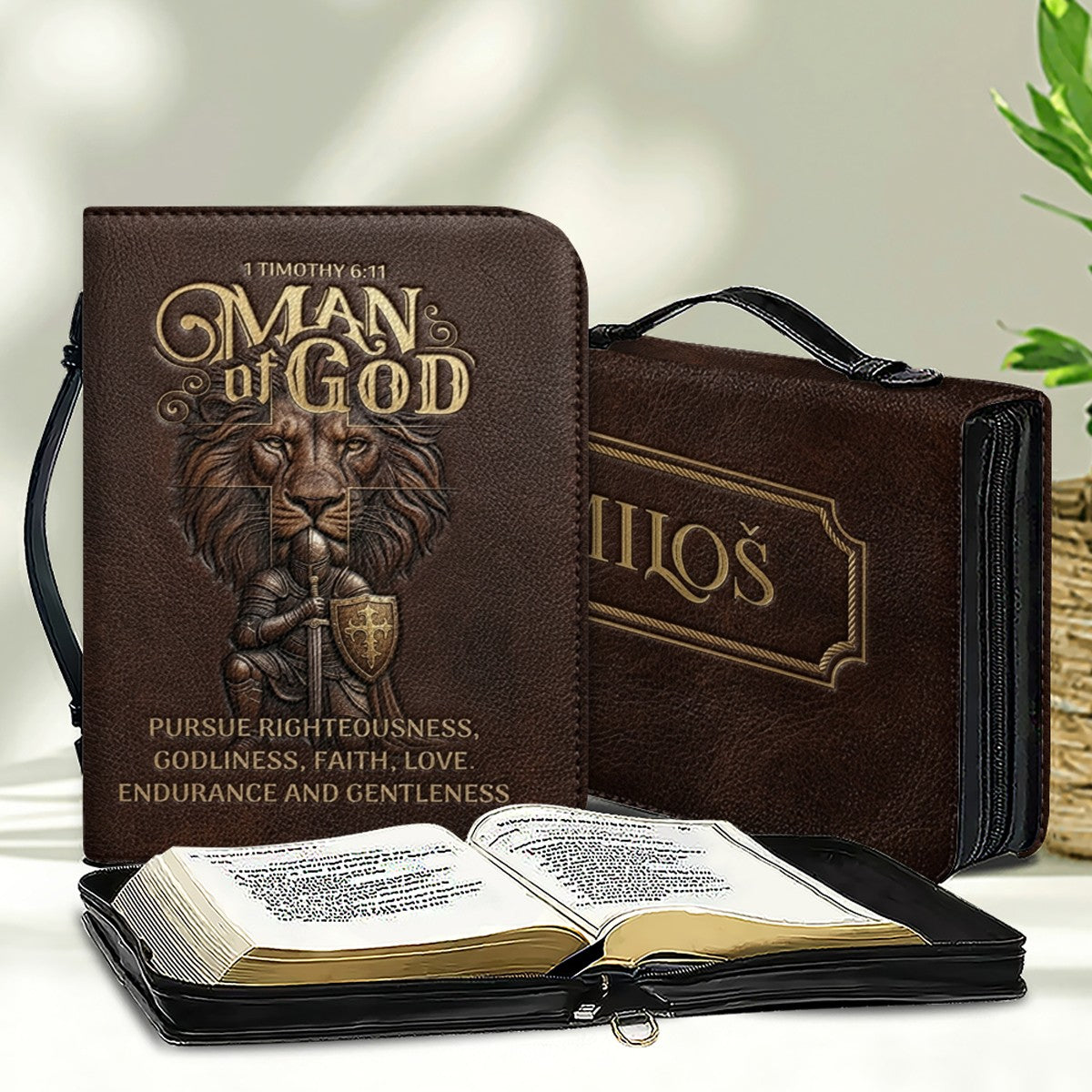 Personalized Bible Cover For Men - Man Of God 1 Timothy 6:11 Lion Warrior Custom Leather Bible Carrying Case With Handle | CHRISTIANARTBAG