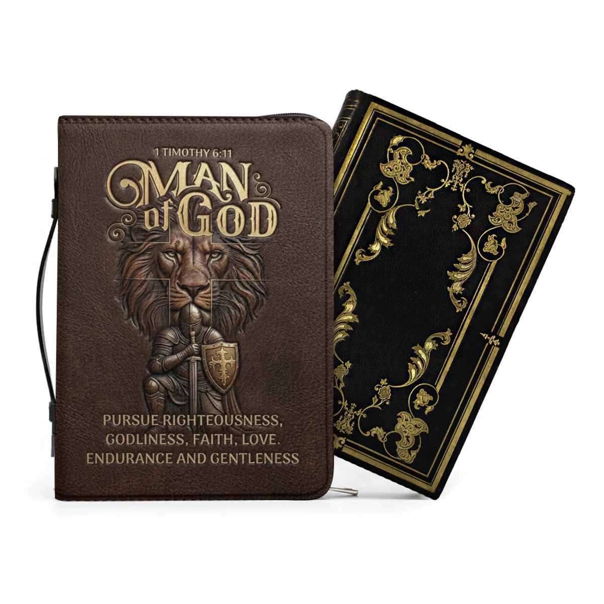 Personalized Bible Cover For Men - Man Of God 1 Timothy 6:11 Lion Warrior Custom Leather Bible Carrying Case With Handle | CHRISTIANARTBAG