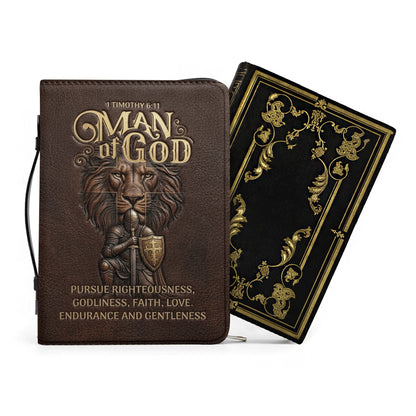 Personalized Bible Cover For Men - Man Of God 1 Timothy 6:11 Lion Warrior Custom Leather Bible Carrying Case With Handle | CHRISTIANARTBAG