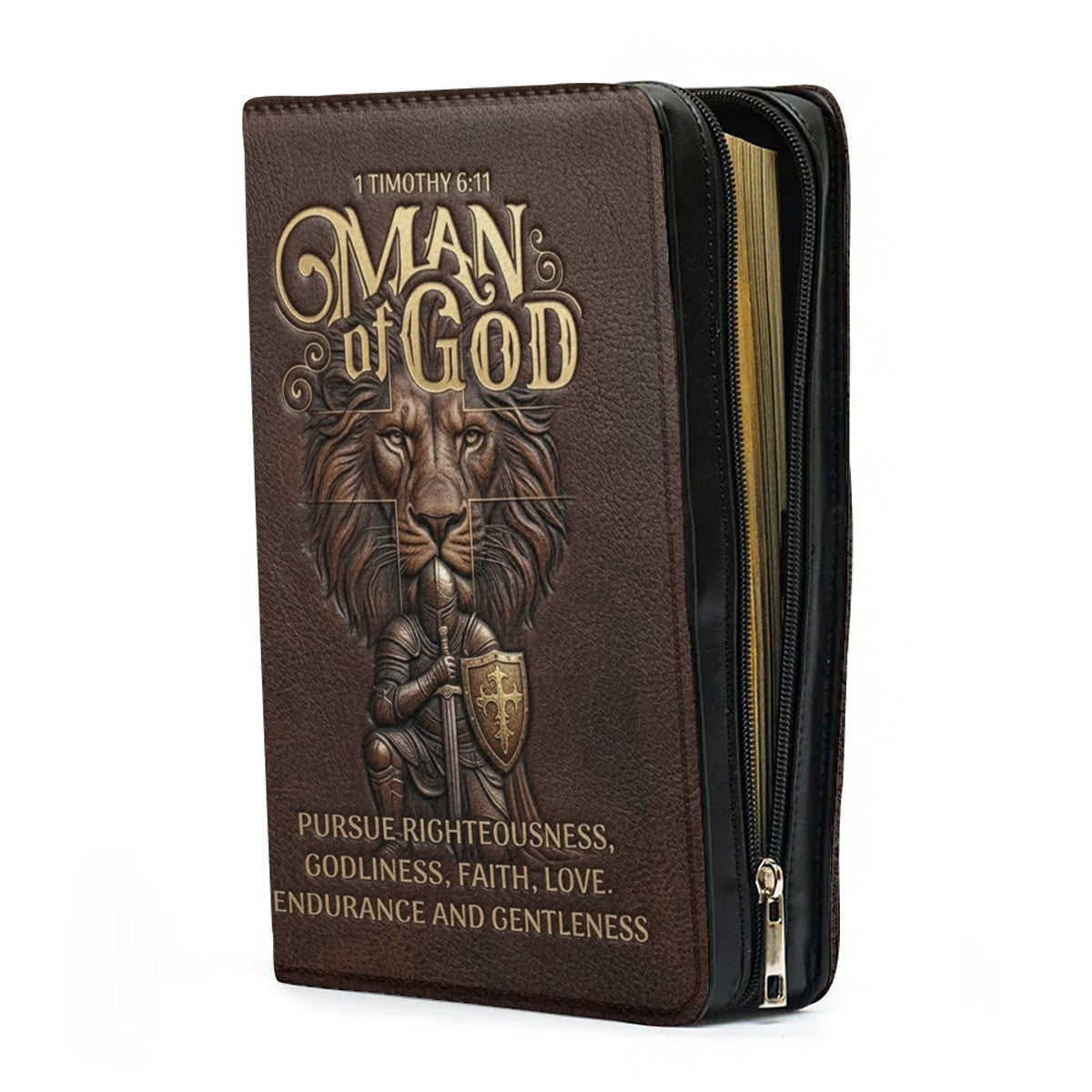 Personalized Bible Cover For Men - Man Of God 1 Timothy 6:11 Lion Warrior Custom Leather Bible Carrying Case With Handle | CHRISTIANARTBAG