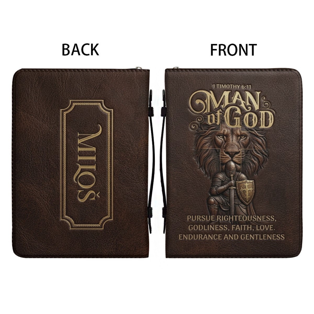 Personalized Bible Cover For Men - Man Of God 1 Timothy 6:11 Lion Warrior Custom Leather Bible Carrying Case With Handle | CHRISTIANARTBAG