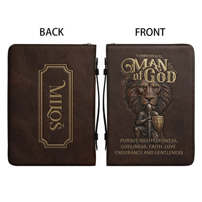 Personalized Bible Cover For Men - Man Of God 1 Timothy 6:11 Lion Warrior Custom Leather Bible Carrying Case With Handle | CHRISTIANARTBAG