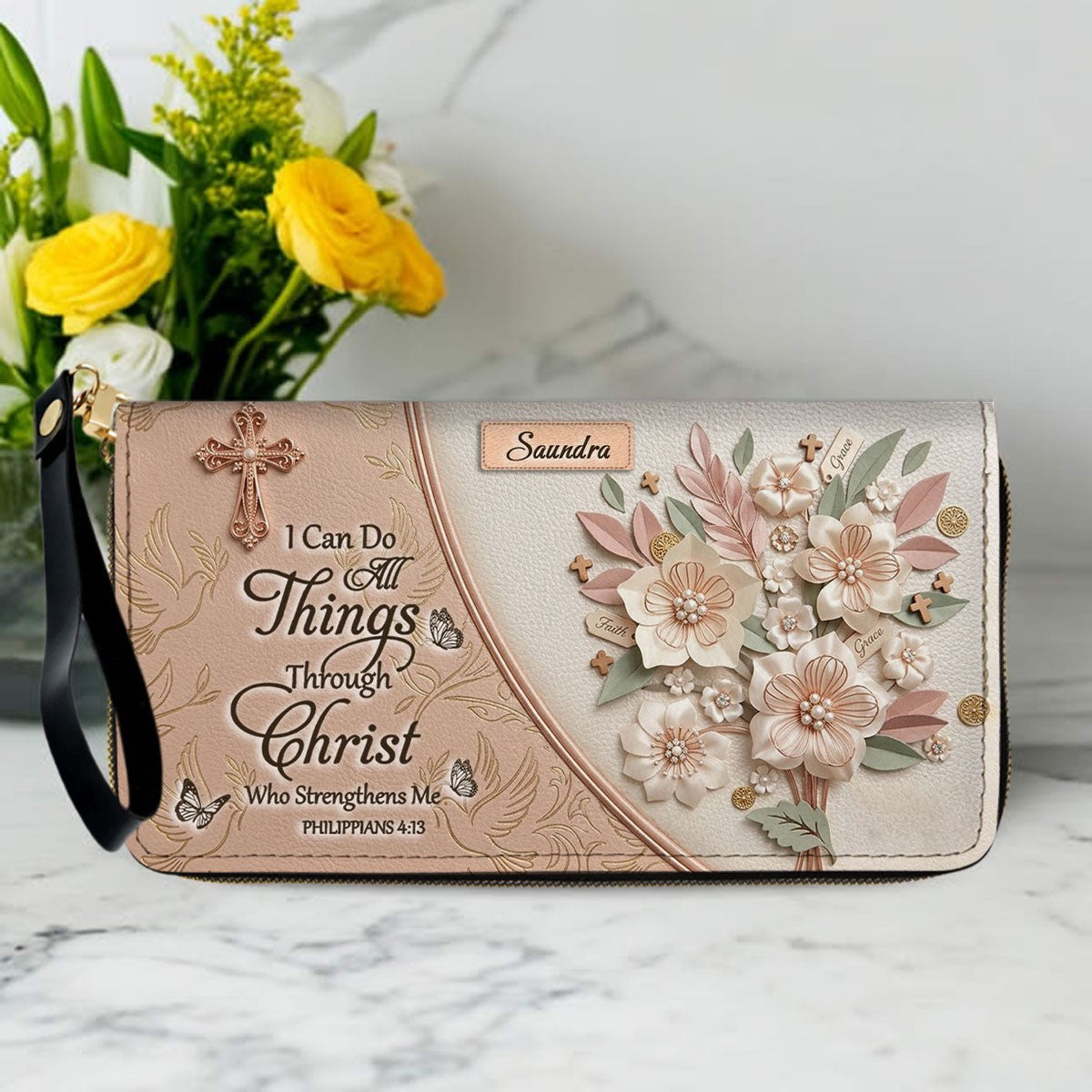 CHRISTIANARTBAG Personalized Leather Handbag and Wallet Set | Beige Custom Name Cross Purse & Long Wristlet Clutch CAB01061626